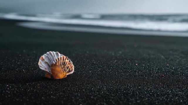 Shell on a black sand beach near the ocean during early morning light with waves in the background