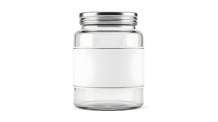 A clear glass jar with a blank white label and a silver metallic screw cap, isolated on a white background with a soft shadow.