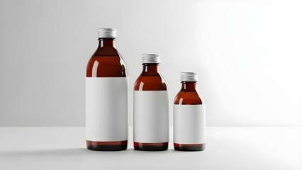 Three amber glass syrup bottles of varying sizes with blank white labels and silver metal caps, arranged in a row against a white background.