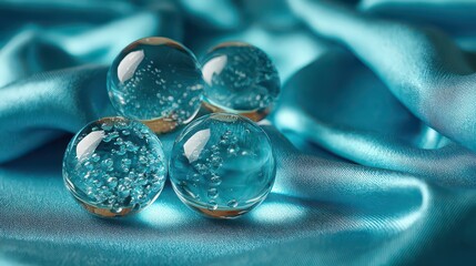 Elegant Still Life of Transparent Spheres on Shiny Turquoise Silk Fabric With Light Play And Delicate Reflection In Soft Focus