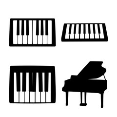A collection of elegant piano and keyboard silhouettes in a minimalist black and white design