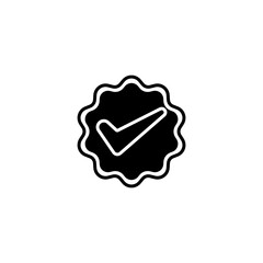 A high-contrast, black and white vector illustration of a verified checkmark set within a scalloped circular badge. © Mewasema