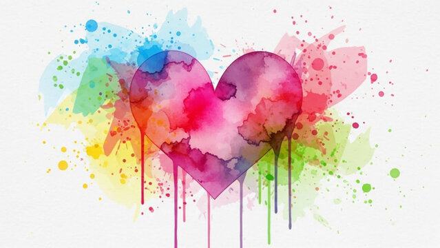 A colorful watercolor heart illustration with vibrant paint splatters and drips