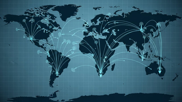A vector graphic illustration of a world map with global connections and networks