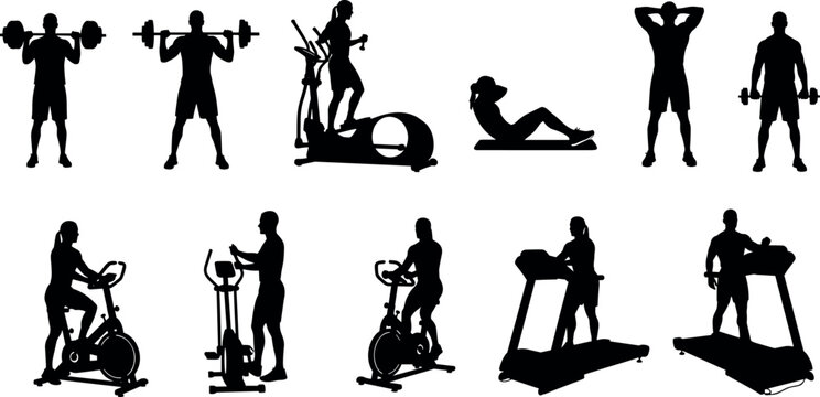 Set of gym silhouettes including people training with weights cardio machines treadmill elliptical stationary bike and bodyweight exercises for fitness