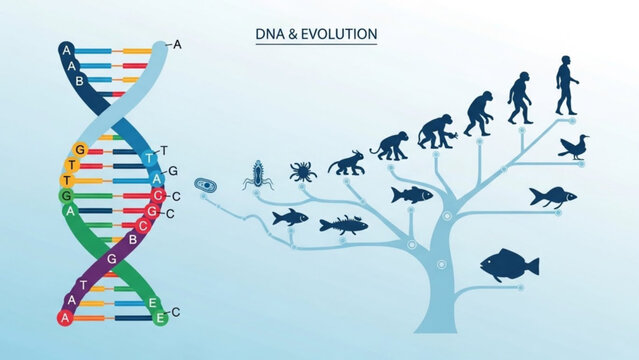 A vector graphic illustrating DNA and evolution with a tree of life