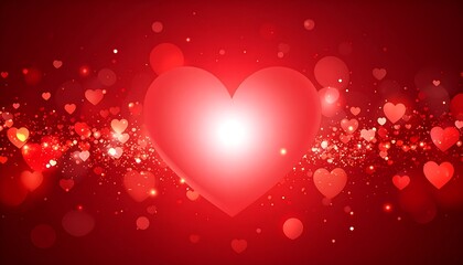 A radiant red gradient backdrop featuring a large, central glowing heart, surrounded by shimmering bokeh and smaller hearts