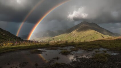 Double rainbow arches over a mountain valley