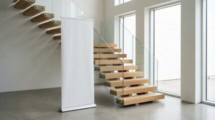 White Blank roll-up banner template standing in lobby side stairs. Blank advertisement mockup in business space, Commercial pull-up display, for add cover