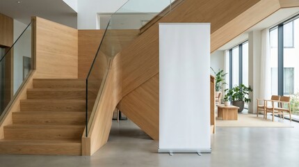 White Blank roll-up banner template standing in lobby side stairs. Blank advertisement mockup in business space, Commercial pull-up display, for add cover