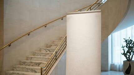 White Blank roll-up banner template standing in lobby side stairs. Blank advertisement mockup in business space, Commercial pull-up display, for add cover