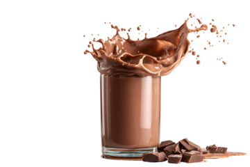 Delicious chocolate milk splash in a clear glass with chunks