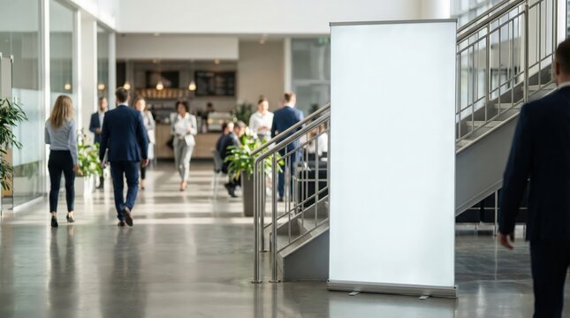 White Blank roll-up banner template standing in lobby side stairs. Blank advertisement mockup in business space, Commercial pull-up display, for add cover