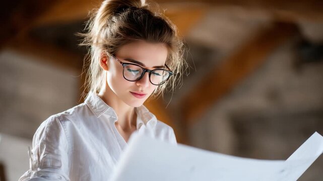 Visionary Architect in Study: A focused architect, illuminated by natural light, meticulously reviews blueprints. The scene embodies dedication to craft, revealing the details of a project 