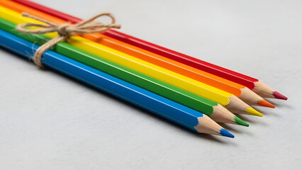 Fototapeta premium A bundle of colorful pencils tied together with twine on a light background
