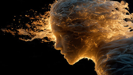 A highly stylized digital illustration of a flaming humanoid head in side profile, facing left.Wide framing with extra space around the head.