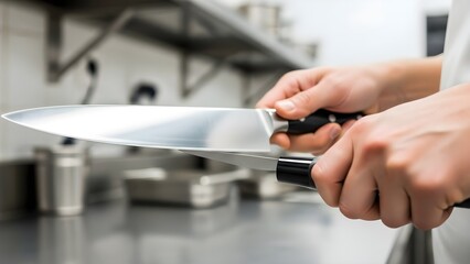 A chef's hands hold a sharp kitchen knife in a commercial kitchen setting.