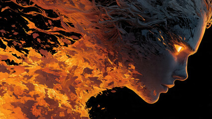 A highly stylized digital illustration of a flaming humanoid head in side profile, facing left.Wide framing with extra space around the head.