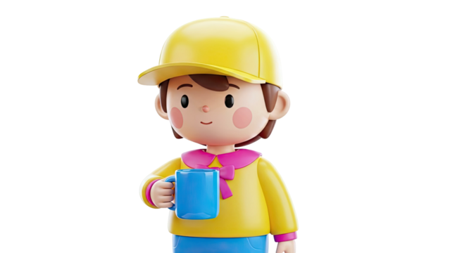 3D Cartoon Child with Yellow Cap Holding Blue Mug - Powered by Adobe