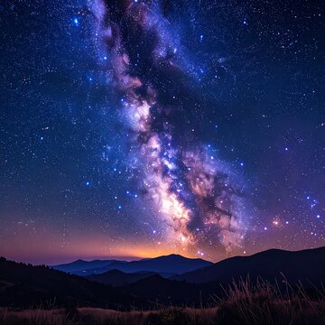 A breathtaking starry night sky with the Milky Way shining brightly over a mountain range