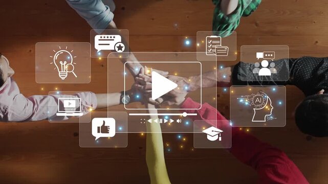 A dynamic scene illustrating collaborative learning with virtual tools. Participants engage in brainstorming sessions, utilizing multimedia for creative innovation and technology. Raster