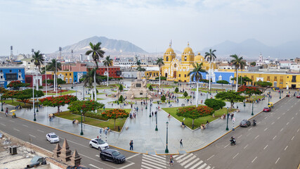 PANORAMIC AERIAL DRONE VIEW OF TRUJILLO PLAZA DE ARMAS, HISTORIC CITY CENTER OF NORTHERN PERU
