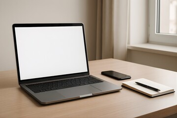 Fototapeta premium Laptop with Blank Screen on Desk Near Window