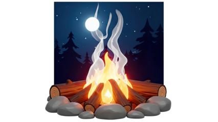 Campfire at Night with Moon and Stars