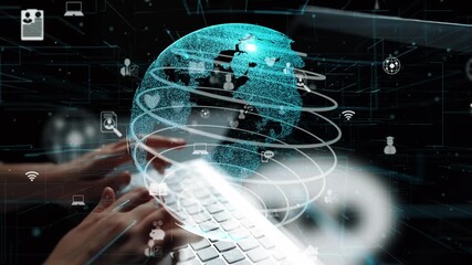 An artistic representation of a digital globe composed of data icons, symbolizing global connectivity and technological advancement against a keyboard backdrop. Xenic