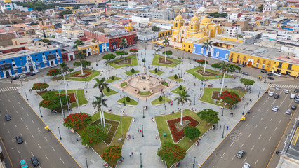 PANORAMIC AERIAL DRONE VIEW OF TRUJILLO PLAZA DE ARMAS, HISTORIC CITY CENTER OF NORTHERN PERU