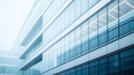 Obraz premium Modern building with large glass windows reflecting light in a cityscape during the day