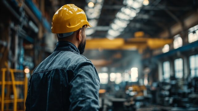 Worker observes operations in a busy workshop during the day while wearing a safety helmet and work clothes
