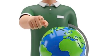 Cartoon character pointing at a globe