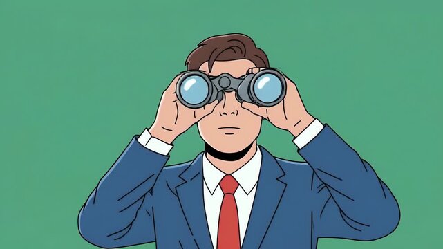 Animated Business Man Searching Through Binoculars Looking Forward