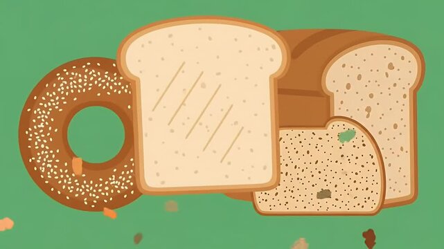 Assorted Baked Bread Slices and Bagel on Green Background Footage