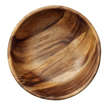 Top view of empty round wooden bowl with natural grain patterns on black image, Png On White Background, Isolated on Transparent Background, Cut Out