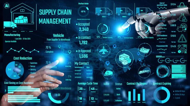 AI controls supply chain systems with virtual assistant monitoring, route optimization, and artificial intelligence for procurement, delivery, and warehouse tracking. Thunk