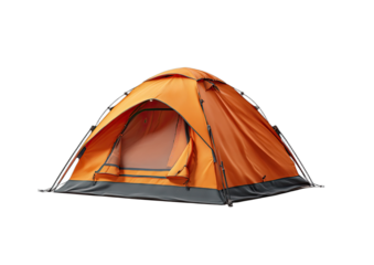 Orange camping dome tent with mesh windows and dark base, isolated