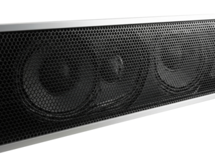 Close up view of black metal speaker grille mesh with hexagonal holes isolated with transparent background