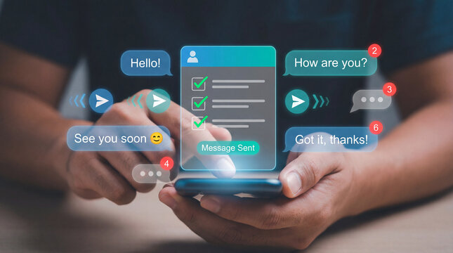 Person holding smartphone with social media messaging app and chat bubbles floating around screen - Powered by Adobe