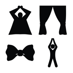 A diverse collection of black silhouette icons featuring a person, curtains, and a bow tie