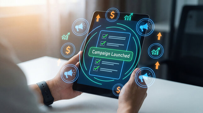 Person holding tablet with campaign launched on screen and marketing icons floating around