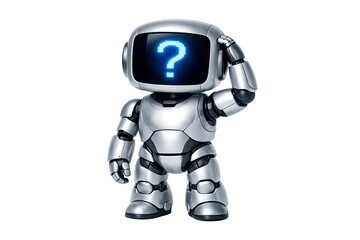 A silver robot with a question mark on its screen is scratching its head and posing a transparent background and plain white background