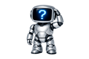 A silver robot with a question mark on its screen is scratching its head and posing a transparent background and plain white background