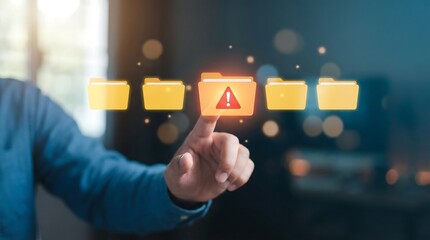 Businessman interacts with a digital warning folder on a futuristic interface, symbolizing online security and data protection in a modern workspace.