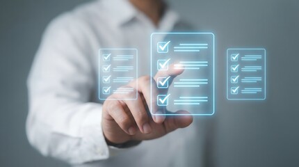 Businessman engaging with futuristic digital checklist, representing modern technology and innovation in the workplace, perfect for productivity, and professional growth.
