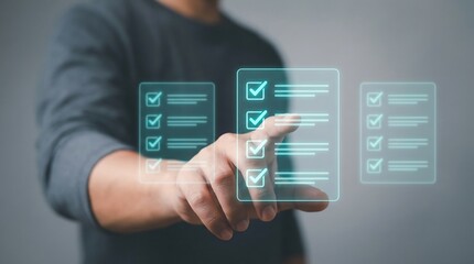 Man interacts with futuristic digital checklist on touchscreen interface, symbolizing modern business efficiency and productivity