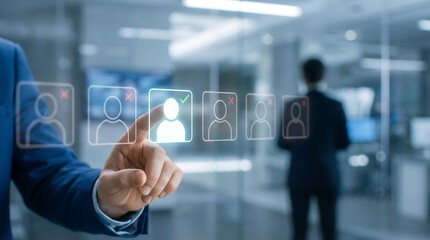 Obraz premium Businessman interacting with digital interface to select approved profile in a modern office setting, symbolizing efficient management and organization.