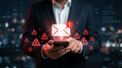 Businessman in a suit receives a threat alert notification on his smartphone in a city at night, symbolizing cybersecurity risks and modern business challenges.