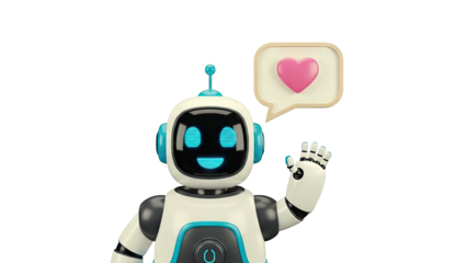 Friendly robot waving with a heart symbol and speech bubble